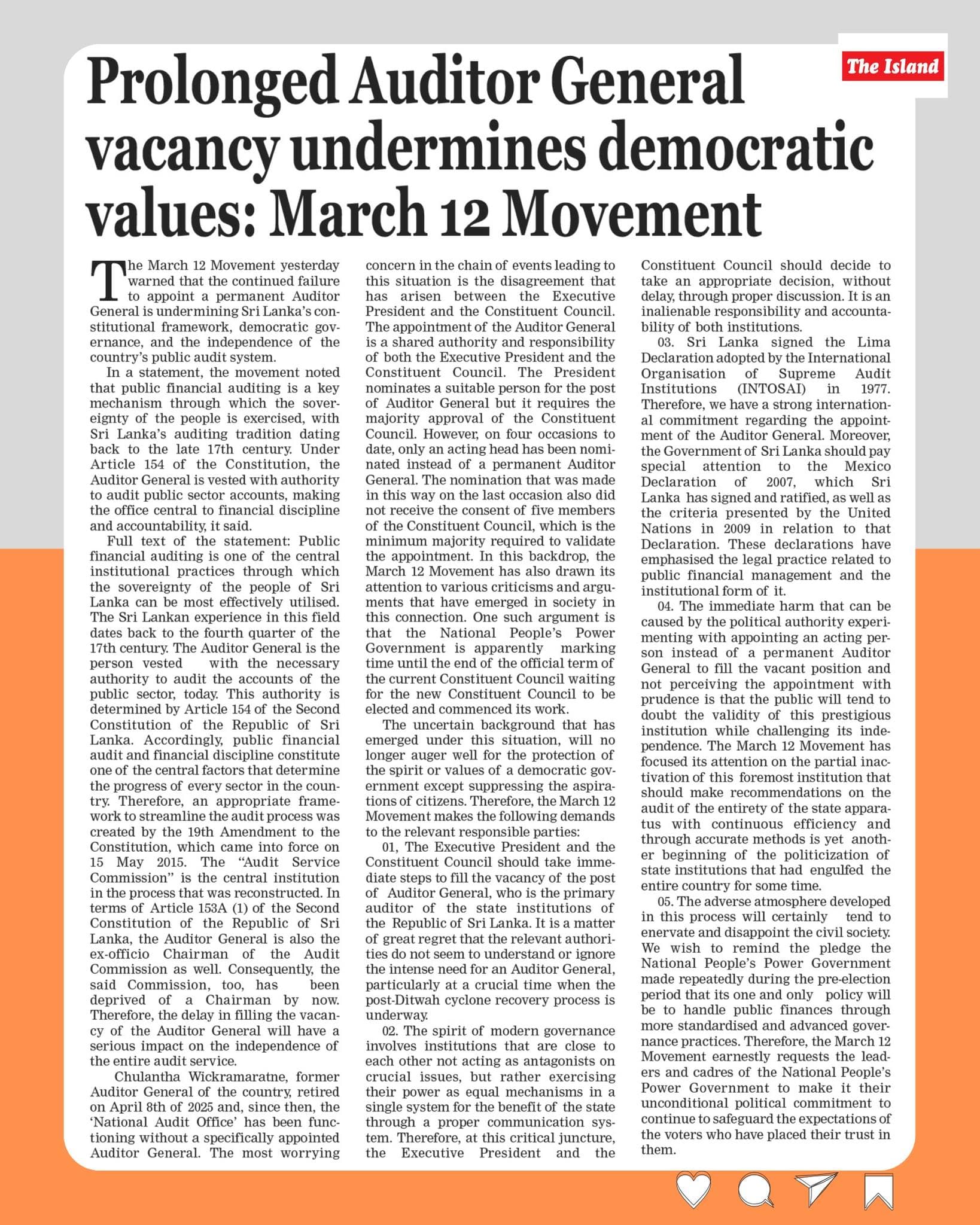 Prolonged Auditor General vacancy undermines democratic values: March 12 Movement